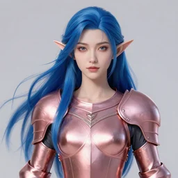 a beautiful and highly detailed digital portrait of a dignified elf with long blue windswept hair in a rose gold breastplate by artgerm, and lu ji, centered, artsation contest winner, cgsociety, fantasy art, cryengine, concept art, photorealism, daz 3 d, sketchfab, zbrush, vray