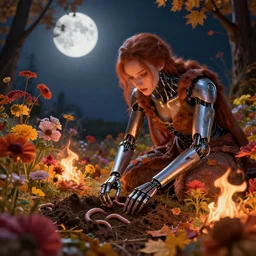 autumn moonlight cyborg queen watches a worm digs silently into the chestnut entwined in colourful lush flowers and fire highly detailed, volumetric lighting, highly detailed, octane render, concept art, smooth, sharp focus, hyper - realistic