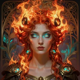 the greek goddess hestia with hair made of fire, steampunk, glowing eyes, beautiful eyes, volumetric lights, red and cyan theme, art nouveau botanicals, intricate, highly detailed, digital painting, artstation, concept art, smooth, sharp focus, cinematic, illustration, beautiful face, art by artgerm and greg rutkowski and alphonse mucha