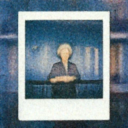Polaroid Medium Shot portrait of a very well-dressed old lady in a balcony of a blue hotel, photo made by Wes Anderson award winning, 4K