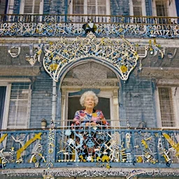 Polaroid Medium Shot portrait of a very well-dressed old lady in a balcony of a blue hotel, photo made by Wes Anderson award winning, 4K