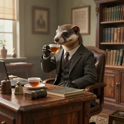 artstation scifi scene of a weasel in suits drinking tea ， in a shabby lawyer office, wooden furnitures summer unreal engine 5, hyper realism, realistic shading, cinematic composition, blender render, octane render, hdr, detailed textures, photorealistic, wide shot
