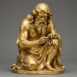 golden statue of a beggar, realistic, detailed,