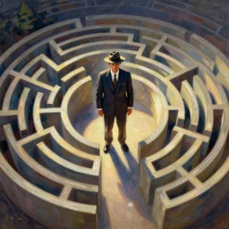 A suited man in a hat, standing in the middle of a circular head-shaped maze labyrinth, overhead shot, wide shot, painting, stylistic, art by Norman Rockwell
