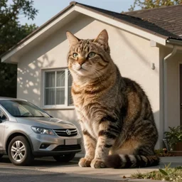 a cat that is gigantic and sitting right next to a car outside of a house
