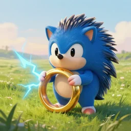 a cute face blue hedgehog holds a large gold ring, with blue lightning, beautiful grassland, early morning hours, long shadows, extremely detailed, fantasy painting, by jean - baptiste monge!!!!
