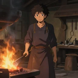 a full body portrait of the short and fiery blacksmith Kitty with a beard at her forge, blacksmith's outfit, inside building, makoto shinkai, james gilleard, very detailed, matte, gaussian blur, tone mapped, Akihiko Yoshida.