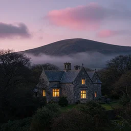 a single witchhouse with lighted windows in a woodland, mysty mountain in the background, evening mood, pink clouds in the sky, by clive madgwick