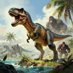 tropical Island, dinosaur by Frank frazetta, Tyrannosarus Rex, Action, from jurassic World (2015), from pacific rim (2013) from King kong (2005), cgsociety, ArtStation, by drew struzan, by James gurney