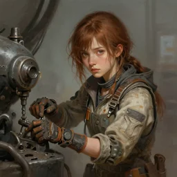 a portrait digital painting of a young girl with hazel - brown hair. post - apocalyptic clothing. she's wearing a mechanics uniform and has been working on some large machinery. painted by artgerm, ross tran.