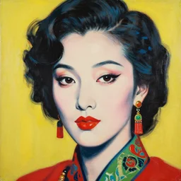 hyperrealism close - up portrait of a beautiful woman, in traditional chinese art style, pop art, by roy liechtestein, by andy warhol, canvas, acrylic paint, 4 k