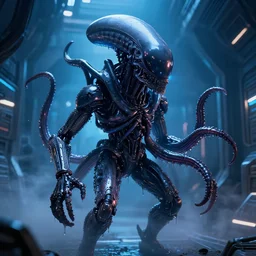 2 8 mm closeup portrait of a wet slimy dripping black metallic chrome mass effect robotic electronic neon cthulhu lovecraft octopus xenomorph alien with glowing eyes in science fiction spaceship hallway, dramatic lighting, octane, blue lights, lens flare, industrial, dirty, trending on artstation, golden ratio, h. r. giger, mist, action, volumetric lighting