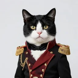 Black and White cat dressed as napoleon in full dress uniform, hyper realistic, photorealistic, extremely detailed fur, octane render, 8k, intricate details, studio lighting