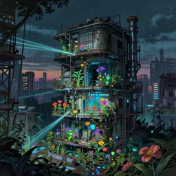 a beautiful detailed painting of abandoned city nature urbex mcmansion industrial architecture architecture by rosa bonheur, cyberpunk flowers nature alien anime at night lightpaint darkacademia vaporwave synthwave tokyo retrowave uv light at dusk rainforest hyperrealism dramatic lighting laser, archdaily, wallpaper, highly detailed, trending on artstation.