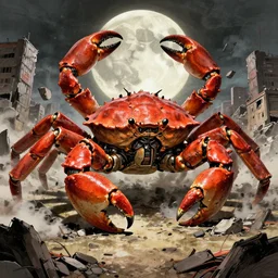 a very big giant mechanical weapons battle armor crab in the middle of war - torn battlefield of a crumbling city, big dullish moon, some smoke, artstation, concept art, smooth, sharp focus, vivid grunge, manga, illustration, traditional japanese colors, superior quality, very detailed, wide angle, by bilibin and kuvshinov