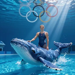 Katie Ledecky posing with a blue whale in an Olympic swimming pool