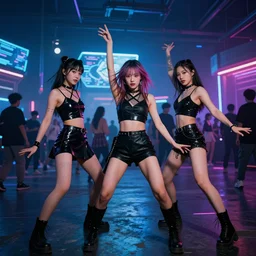 tripped out dancers at a rave in a cyberpunk techno future