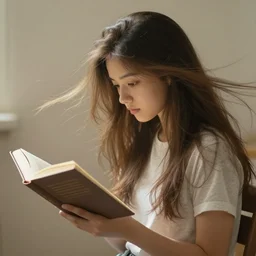 a girl reading a book, her hair flowing down, in the style of craig mullins