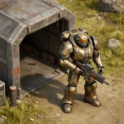 fallout enclave fighter in power armor with a minigun in his hands stands next to the entrance to the fallout shelter, camera view isometric, post - apocalyptic, 3 d prerender, realism