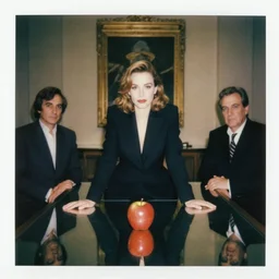 vogue giallo photoshoot of apple sitting on mirrored table in government facility by annie liebovitz, fritz lang, and beksinski, cursed polaroid, 3 5 mm