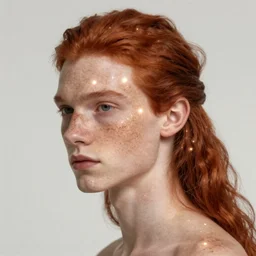 portrait of a thin young man with long red hair, ponytail, a lot of freckles on his face, intricate, elegant, glowing lights, highly detailed, digital painting, artstation, concept art, smooth, sharp focus, illustration