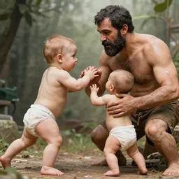 photo - realistic, detailed, giant man - babies battling