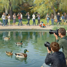 a duck pond with passersby passing by and taking pictures with gigantic cameras, highly detailed painting by gaston bussiere, craig mullins, j. c. leyendecker