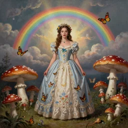 By Tom Bagshaw, photorealistic soft paint of a curiosity carnival with mushrooms and butterflies, beautiful female in full long dress, symmetry accurate features, very intricate details, focus, ominous sky, rainbow lighting, volumetric clouds, god rays