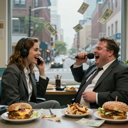 in a call centre office, a window on to scruffy city street, male and female supermodels fight each other, obese men in suits sweating laughing screaming, piles half eaten rotting fast food, banknotes rain down from the sky, hyper realistic photo, full colour, upscale, 8 k, masterpiece,
