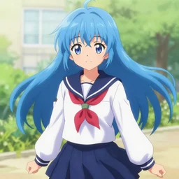 blu hair anime girl in a sailor suit