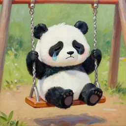 beautiful acrylic! impasto! painting of a sad, crying panda bear on a playground swing