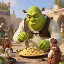 shrek eats couscous with his family, moroccan festival, masterpiece, highly detailed, high quality, 4 k, anatomically correct, hyperrealistic, concept art, octane render, unreal engine 5, trending on artstation, trending on deviantart, matte, historical painting, fantasy style, path traced, high coherence, soft lighting, digital painting, mythical