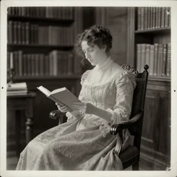 long shot, 1 9 th century monochromatic photography, an eerie see - through ghost of a victorian woman reading in a chair, in well - lit library room, photorealistic, crumpled torn photo, 2 4 mm, 8 k