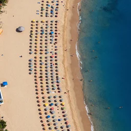 photograph beachscapes satellite view imagery, Aerial view of beautiful sandy beach with hundreds of umbrellas and sea, Aerial of a crowded sandy beach with colourful 1970s umbrellas sun bathers and swimmers during summer, golden sand and clear blue sea, by Tommy Clarke and Joshua Jensen-Nagle