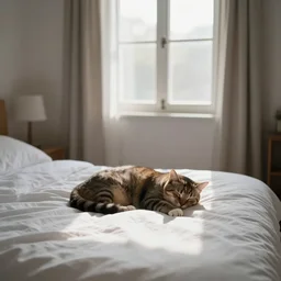 cozy room in the morning, sun coming in through the partially open window, photography, calm atmosphere, bed, sleeping cat