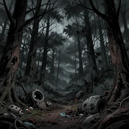 dark dead forest filled with toxic waste, dark stormy sky, comic illustration