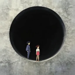 ghibli miyazaki movie poster, ultra wide, brutalist, girl outside a large vanta black hole in the side of a concrete wall, black circle, black round hole, black depths