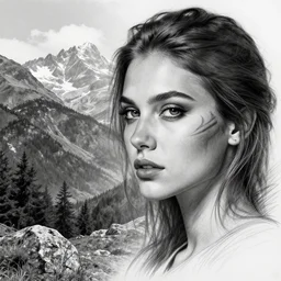 creative blend effect of beautiful mountain scenery with a beautiful woman face, tattoo design sketch, hyper - realistic, in the style of matteo pasqualin, amazing detail, black and white