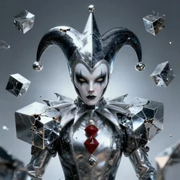 front shot of a court jester character mesmerizing fractal hyper cubes platinum cracked dark future hyperdimensional galactic cryst edges elegant detailed concept artstation sharp focus ray tracing cinematic masterpiece fine portrait poly