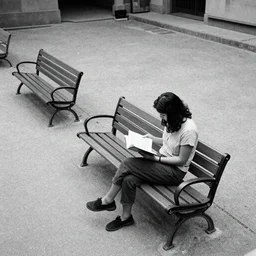 A photograph of a woman reading a book while sitting on a bench in an empty courtyard, next to the other vacant bench, looking down from above, black and white photo.ISO200,F4.5,80mm,1/30,Nikon D3.