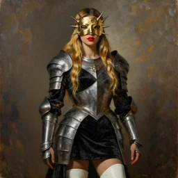 portrait of a female warrior, mulatto, crossbreed, mestizo very beautiful face, beautiful features, red lips, long golden hair, black closed velvet dress, leather armor, iron armor, white boots, alexander mcqueen clothing, gold mask with metal spikes on the face, very beautiful style, academism, oil, painting, boogero, edgard mcsons