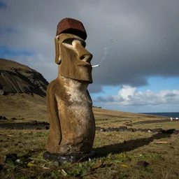 a moai smoking a cigarette, gopro photo, cigarette, realistic, easter island