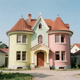 “film photo of a colorful mansion for clowns that has been abandoned, retro vintage nostalgic, Fujica GW690 Kodak Portra 160 medium format”