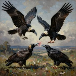 a painting by norval morriseau of elon musk being eaten by vultures,