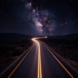 a glowing cosmic highway winding into the distance in a scene from the movie bladerunner