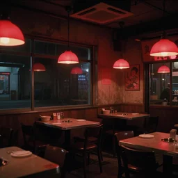 simple small chinese restaurant interior dimly lit by red neon lighting Friday evening Bladerunner 2049 scene. Dark glass windows. Set design by Dennis Gassner. Cinematography by Roger Deakins 1989 film photo slightly grainy.