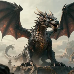 cinematic composition, one huge dragon,, epic scene, majestic atmosphere