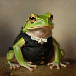a portrait painting of an anthropomorphic amazon tree frog wearing a black waistcoat, an american romanticism painting by john trumbull, a portrait painting, cgsociety, soft focus