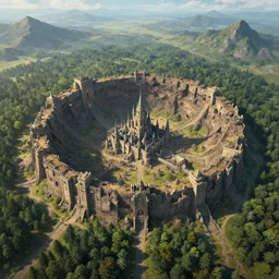 a big meteor crater in the middle of a perennial forest, barren ruins of an old fantasy castle around the crater, a populous medieval rich fantasy city castle built inside the crater, digital fantasy art, bird's-eye view, tall mountains in the horizon, 8k, in the style of Noah Bradley