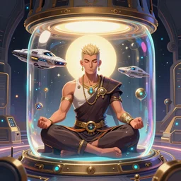 overwatch monk meditating inside, cubical bubble, perfect expression, subconscious connects, purified consciousness, regal refined realistic, distinguished, elegant, man piloting spacecraft through time, dieselpunk portals, pixiv fanbox, dramatic lighting, maximalist heavy metal, graphic novel, artifact, illustrated, superflat magical contemporary style, simon stalenhag, fiona staples, dustin nguyen,